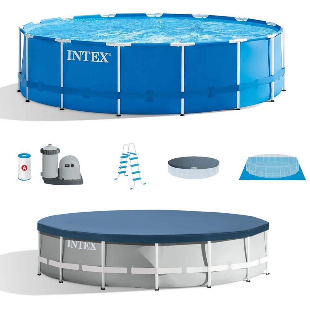 INTEX 15 ft. x 48 in. Round Metal Frame Above Ground Swimming Pool Set and 15 ft. Pool Cover 28241EH + 28032E