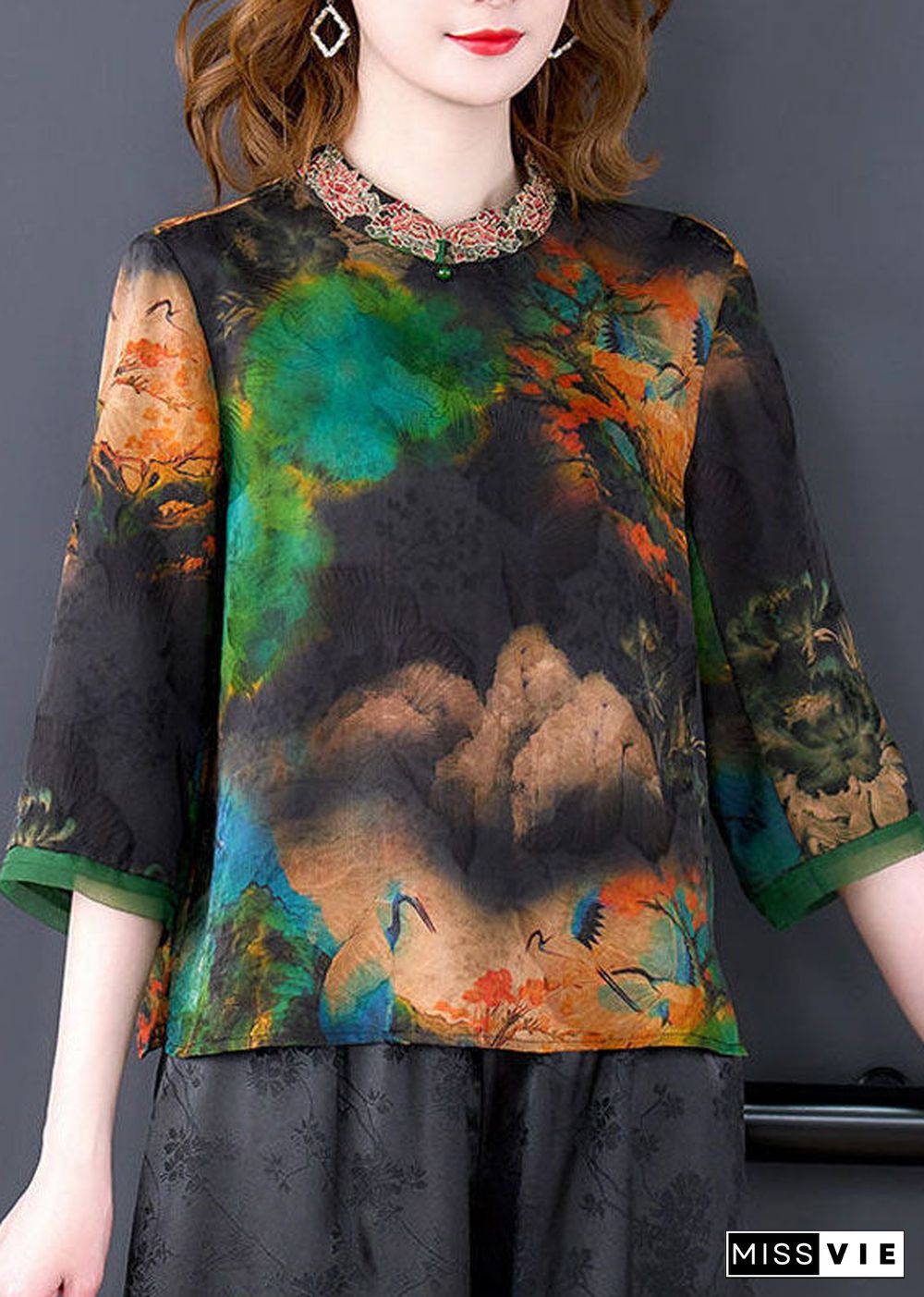 Art Black Stand Collar Embroideried Print Silk Shirt Bracelet Sleeve