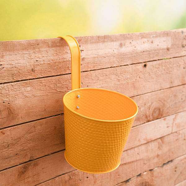 7 inch (18 cm) Dot Embossed Railing Round Metal Planter (Yellow) (set of 3)