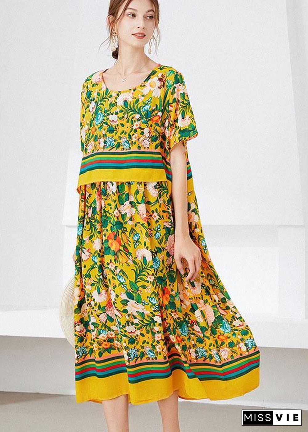 Natural Yellow Loose O-Neck Print Summer Robe Dresses Half Sleeve