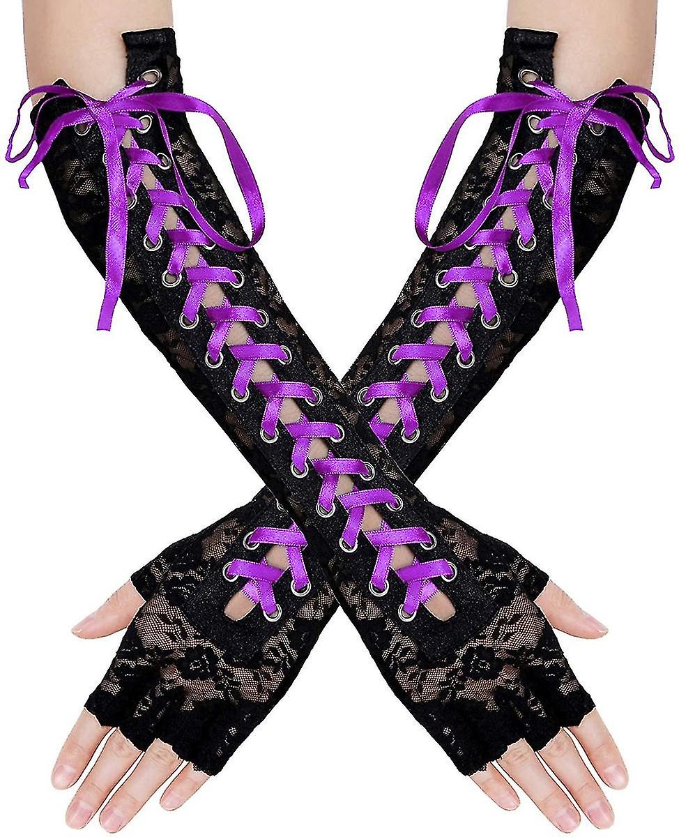 Women's Lace Costume With Open Finger Gloves， Ribbon Half Finger Etiquette Ball Gloves (black+purple)(2pcs)