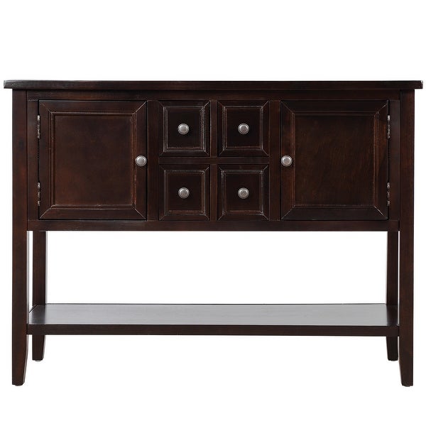 Wooden Console Table with 4 Storage Drawers and 2 Cabinets， Sofa Table with Bottom Shelf and Solid Wood Legs， Espresso