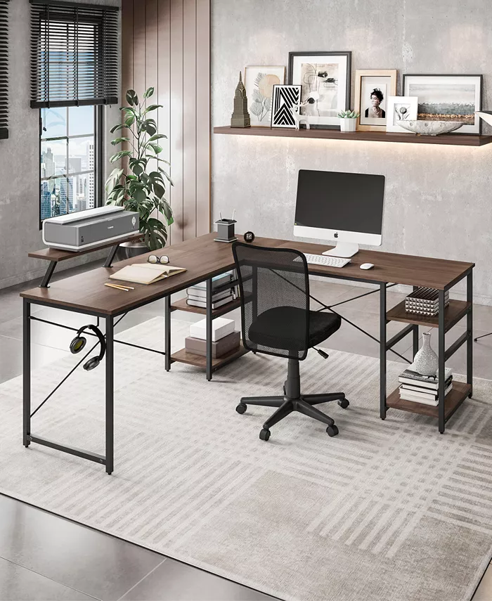 Techni Mobili Wood L-Shape with Storage Shelves Industrial Desk