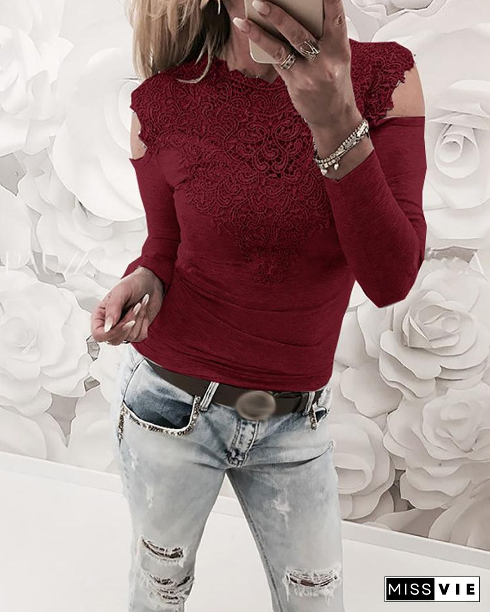 Appliqued Lace Cold Shoulder Blouse P10056