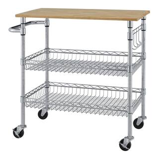 StyleWell Gatefield Chrome Metal Rolling Kitchen Microwave Cart with Natural Wood Top and Tiered Shelves (36