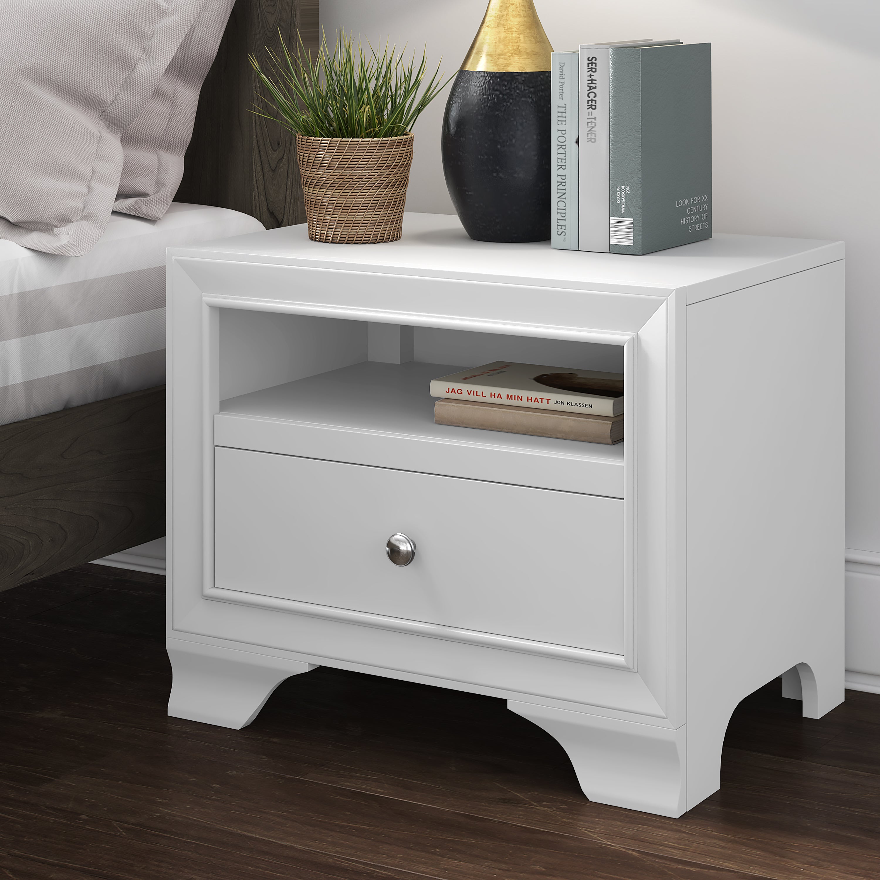 ClickDecor Edmond 1 Drawer Nightstand End Table with USB Charging Station, White