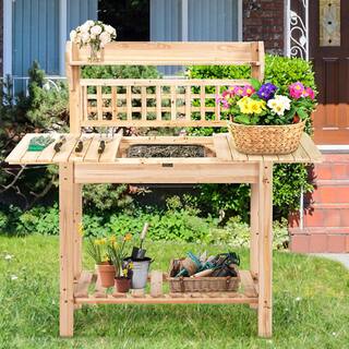 Costway Garden Potting Bench Workstation Table with Sliding Tabletop Sink Shelves J9D3Z5