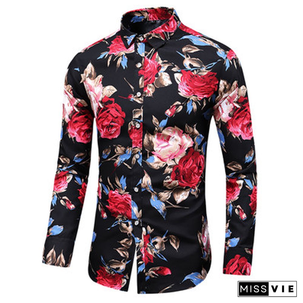 Autumn Men Slim Floral Print Long Sleeve Shirts Fashion Brand Party Holiday Casual Dress Flower Shirt Homme Plus Size 7XL