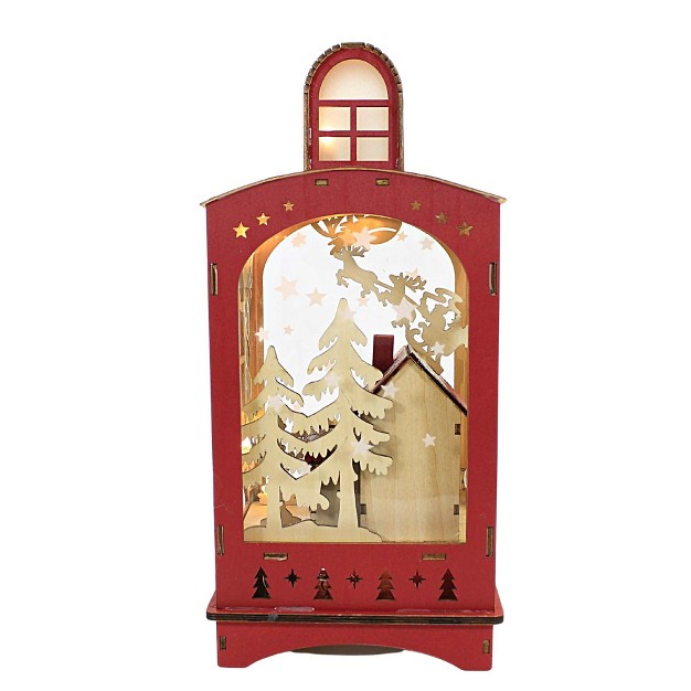 Christmas Lantern Winter Scene One Lit Figurine 12 5 Inches Led Trees Bells Snow Plywood Beige