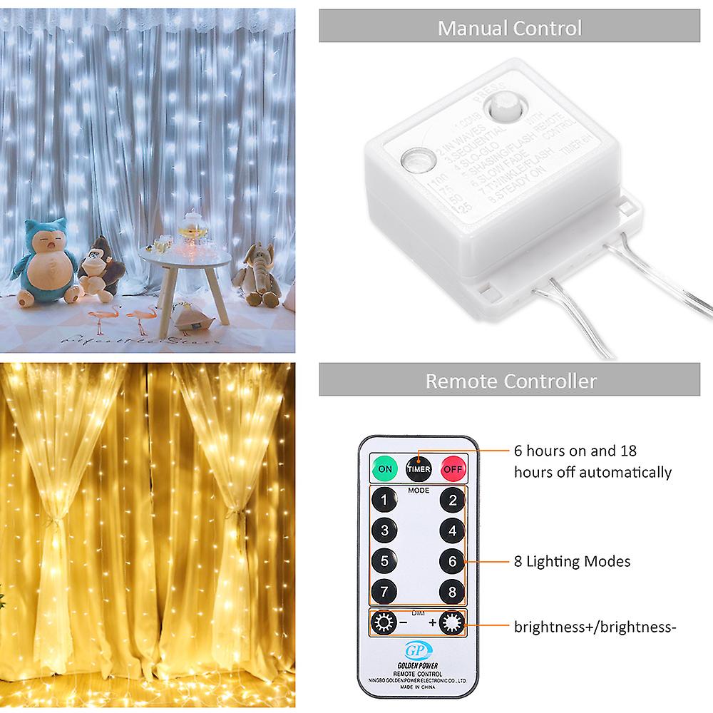 300 Leds Fairy Curtain Light 3 * 3 Meters 12 Strings Window String Lights With Remote Control 6h Timer Ip44 Water-resistant 8 Setting Modes Twinkle Li