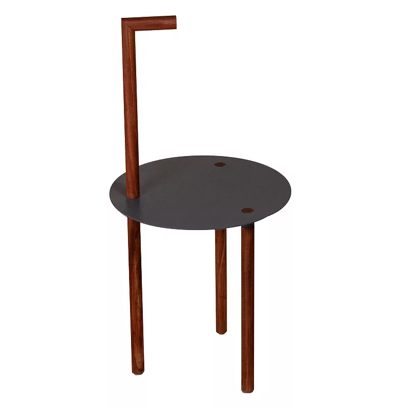 29 Inch Round Metal Top End Table with Inbuilt Wooden Pole， Brown and Black