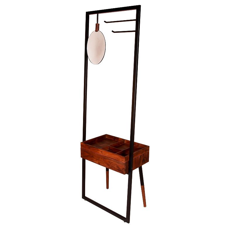 71 Inch Metal Frame Coat Rack， Built In Mirror， 1 Drawer， Acacia Wood， Brown， Black