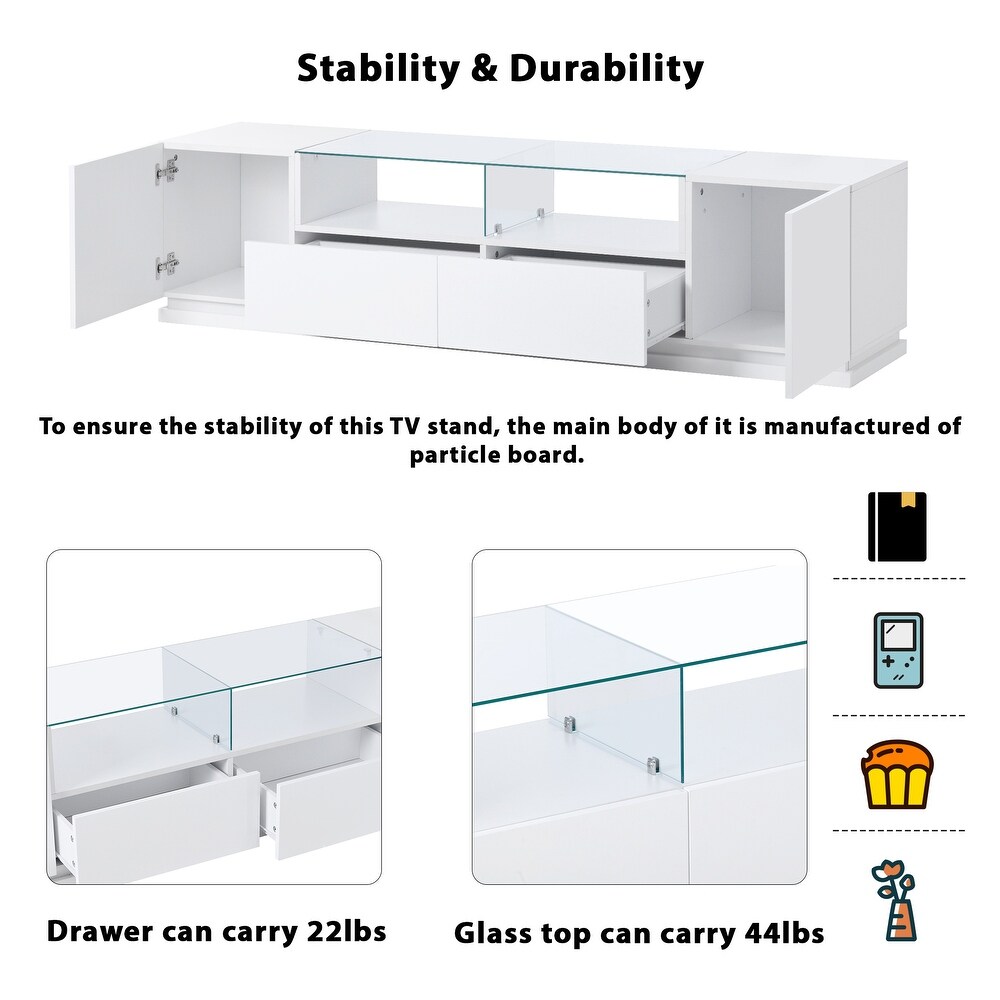 TV Stand with Tempered Glass  Modern High Gloss Entertainment Center for TVs Up to 70\