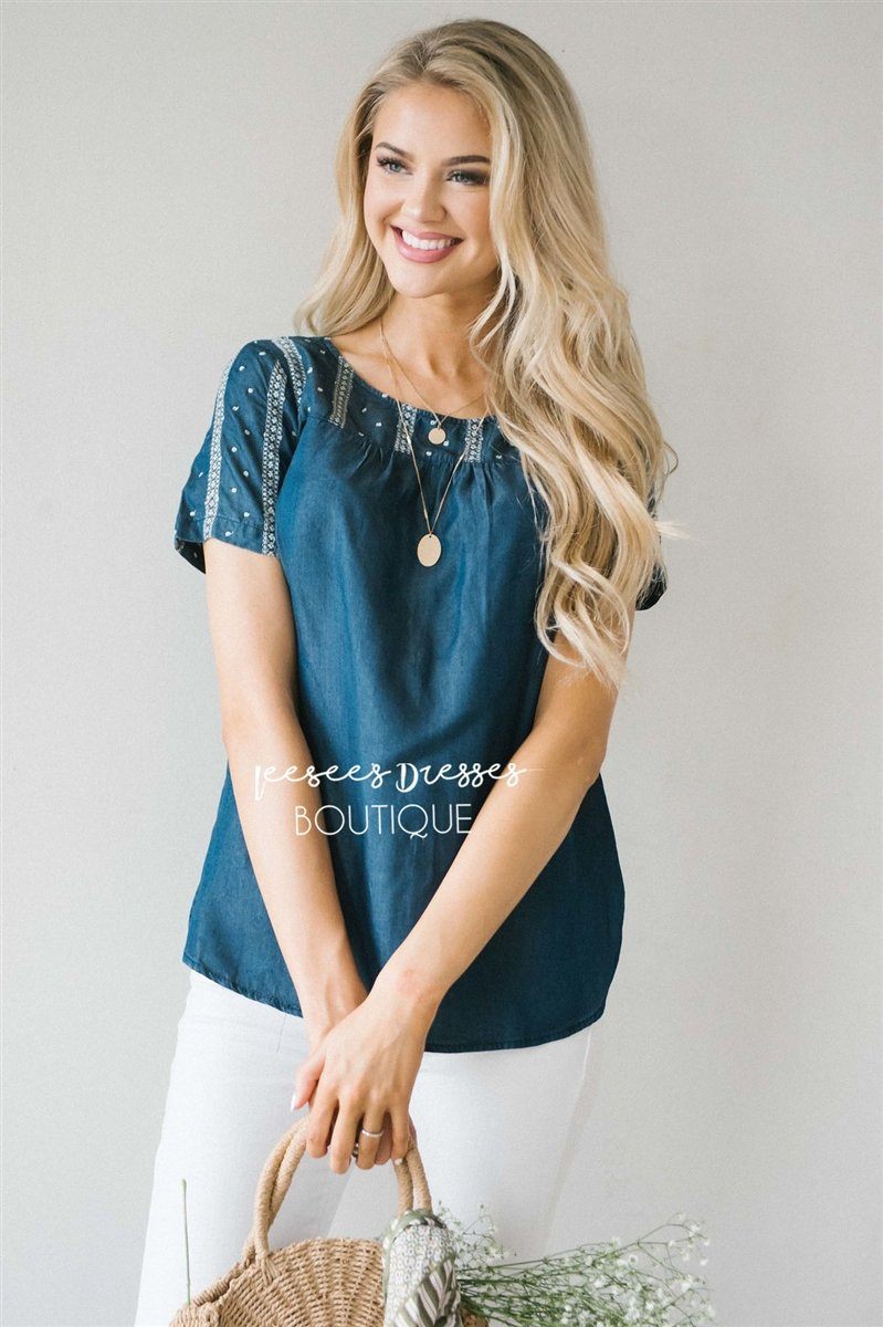 Embroidered Chambray Top