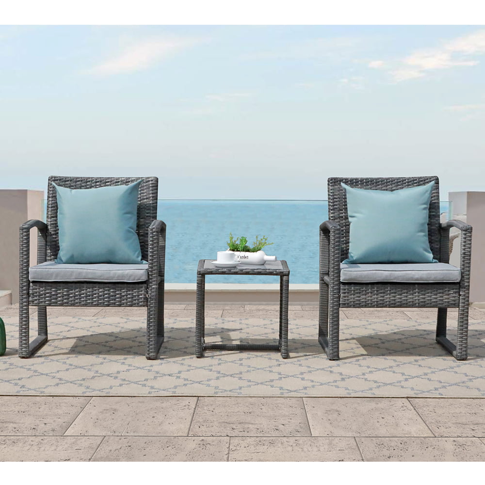 Patiorama 3 Piece Outdoor Modern Bistro Set， Wicker Conversation Set， Patio Rattan Chair Set， Patio Furniture Set with Coffee Table， Garden (Grey)