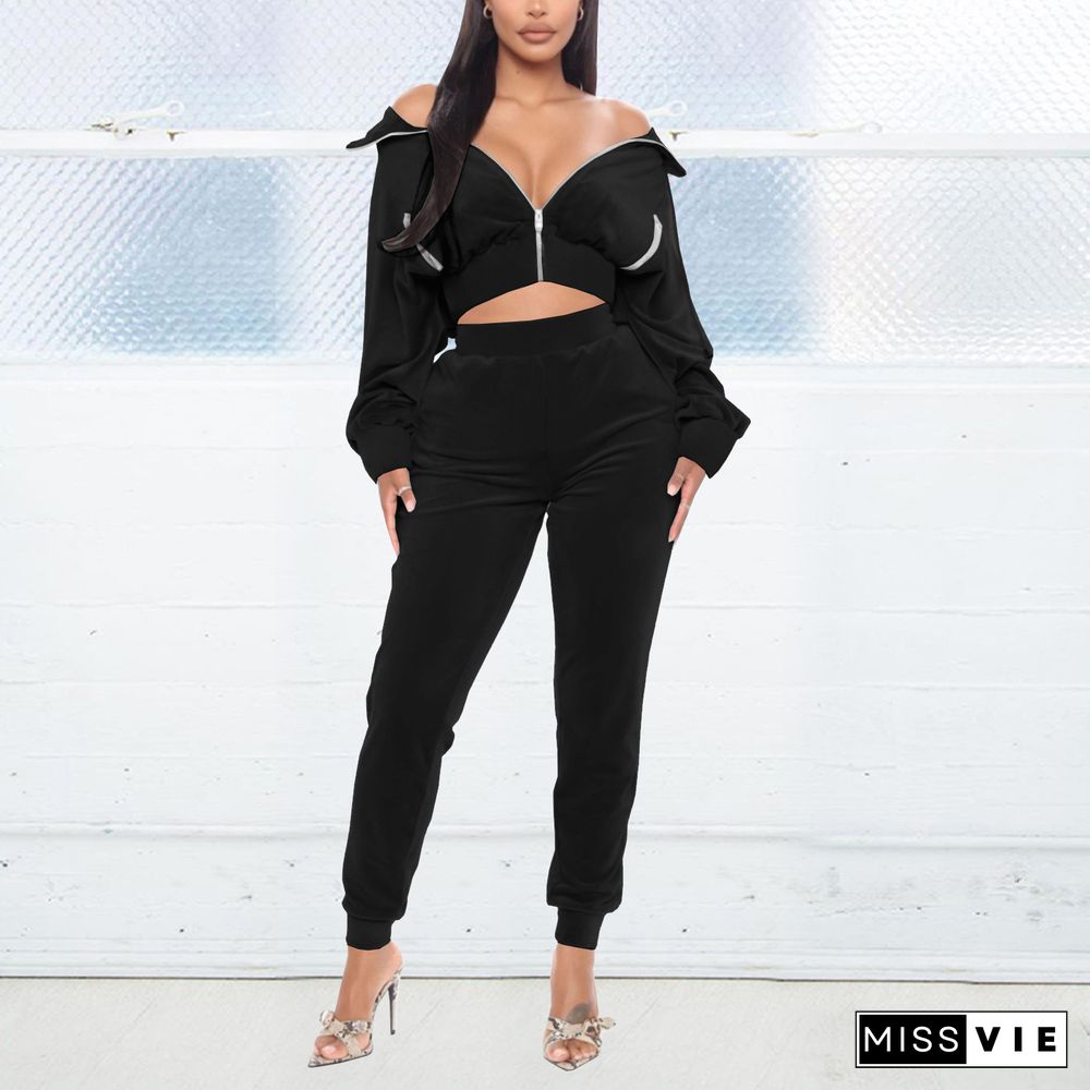 Velvet Zip Jacket Crop Top Pencil Pants Two Piece Set