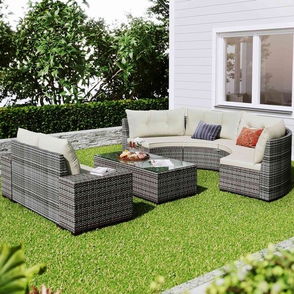 8pieces Outdoor Wicker Round Sofa Set，HalfMoon Sectional Sets All Weather，Curved Sofa Set With Rectangular Coffee Table