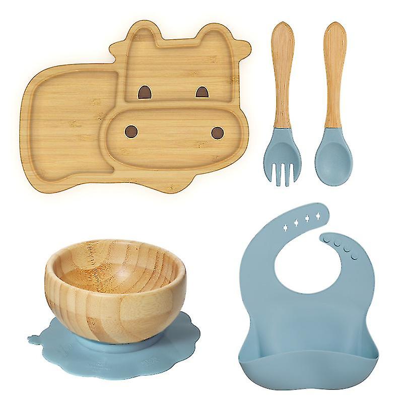 Children's Bamboo Tableware Set - Plate Bowl Spoon With Stay Put Suction - Blue