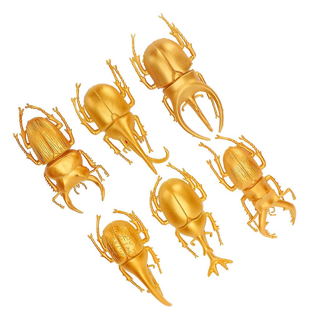 6pcs Simulation Beetle Insect Model Halloween Trick Props Nontoxic Pvc Insect Toy(gold )