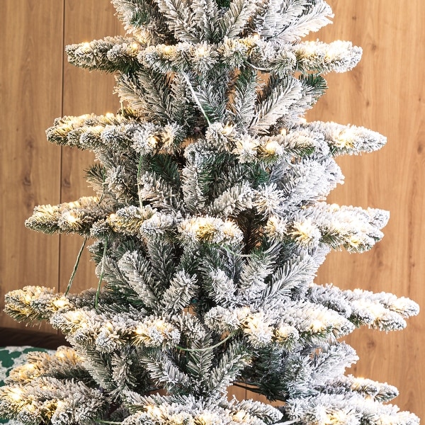 Glitzhome 7.5ft/9ft PreLit Flocked Slim Spruce Artificial Christmas Tree with Warm White Lights