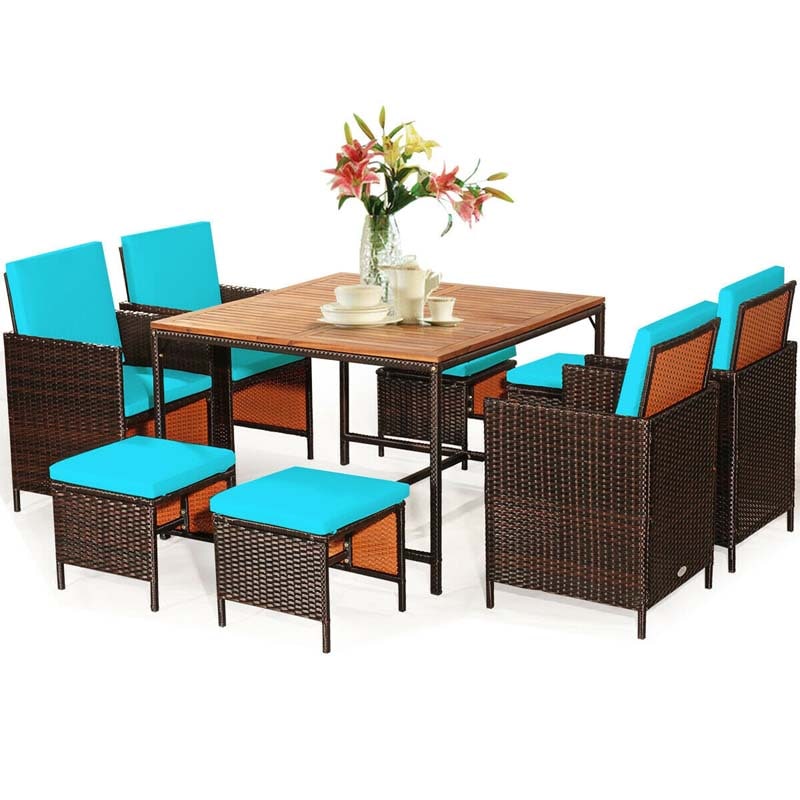 9 Pcs Rattan Wicker Outdoor Patio Dining Set with Acacia Wood Dining table, 4 Ottomans, 4 Cushioned Armchairs