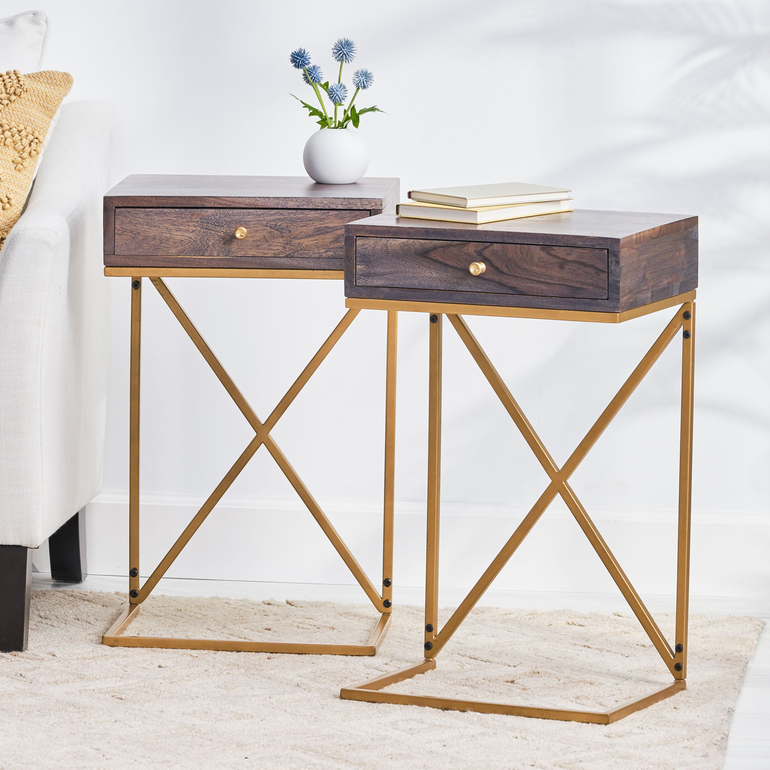 Darke Rustic Glam Handcrafted Acacia Wood C-Shaped Side Tables, Set of 2, Dark Brown and Gold