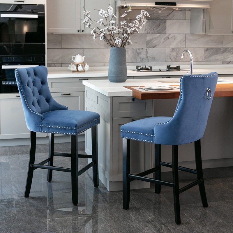 Counter Height Bar Stools Set of 2  Velvet Upholstered Dining Chairs with Nailhead Trim  Wooden Legs  Button Tufted Decor