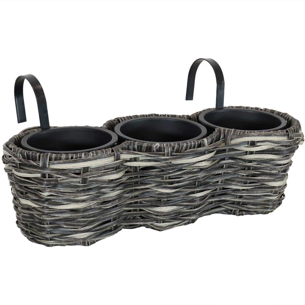 Sunnydaze Decor Charcoal Round Polyrattan Over-the-Rail Tri-Planter NHU-613