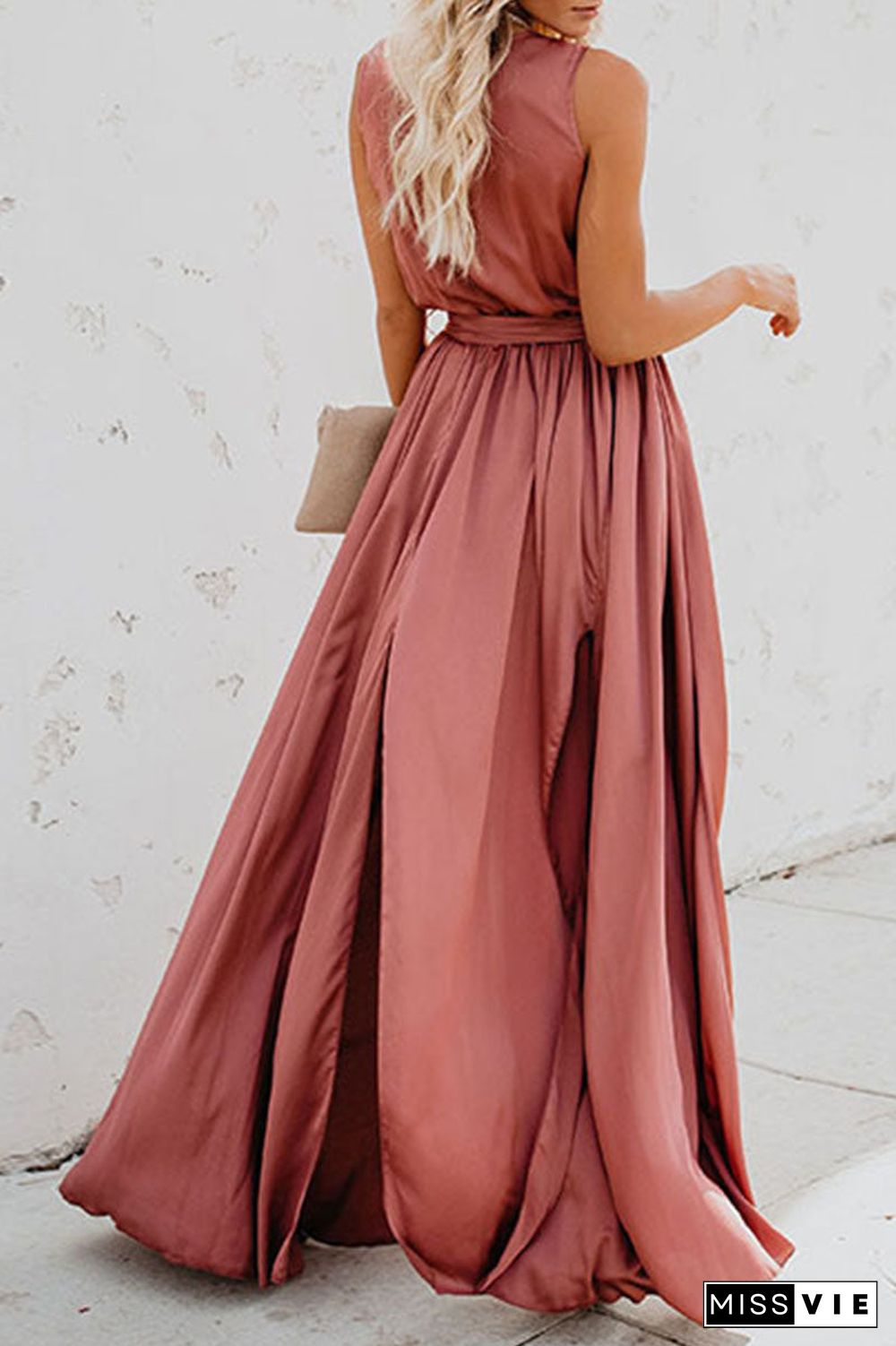 Fashion Street Solid Slit V Neck Waist Skirt Dresses