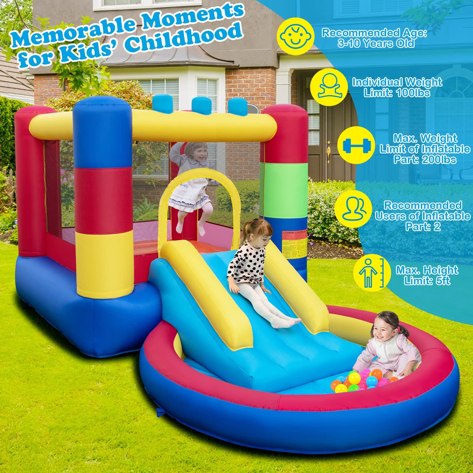 Costzon Inflatable Bounce House with Ball Pit, Bouncy House for Kids 5-12 Indoor Outdoor Party Family with 480w Blower