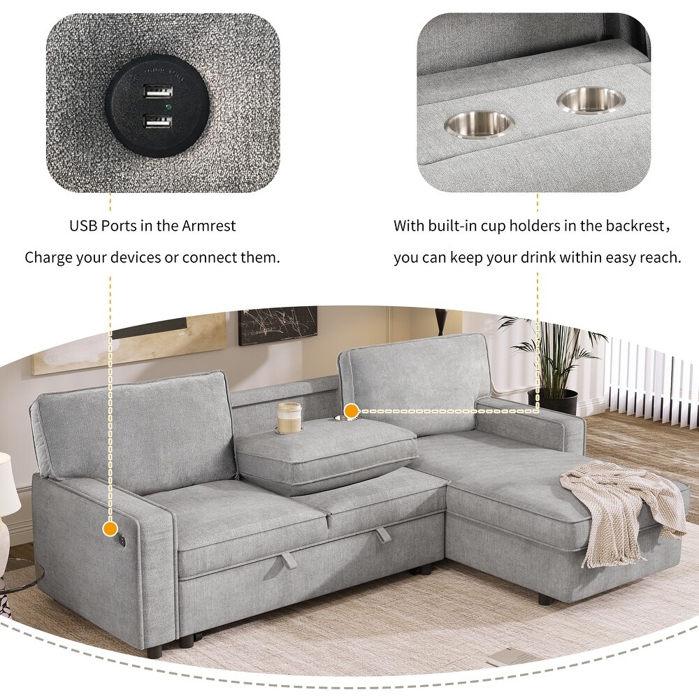 Living Room Sleeper Sofa Bed L shaped Sectional Sofa w/ Pull Out Bed   Chaise  Recliner Sofa w/ USB Port   2 Cup Holders  Grey