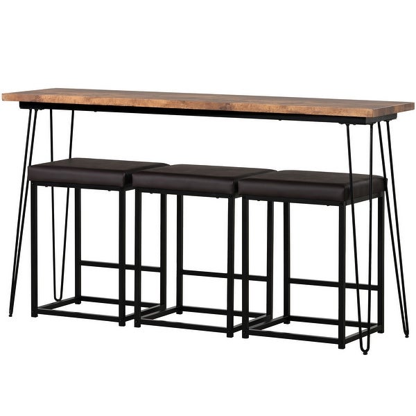 Modern 4 Pieces Counter Height Extra Long Dining Table Set with 3 PU Bar Stools， Rustic Brown Table and Black Stool