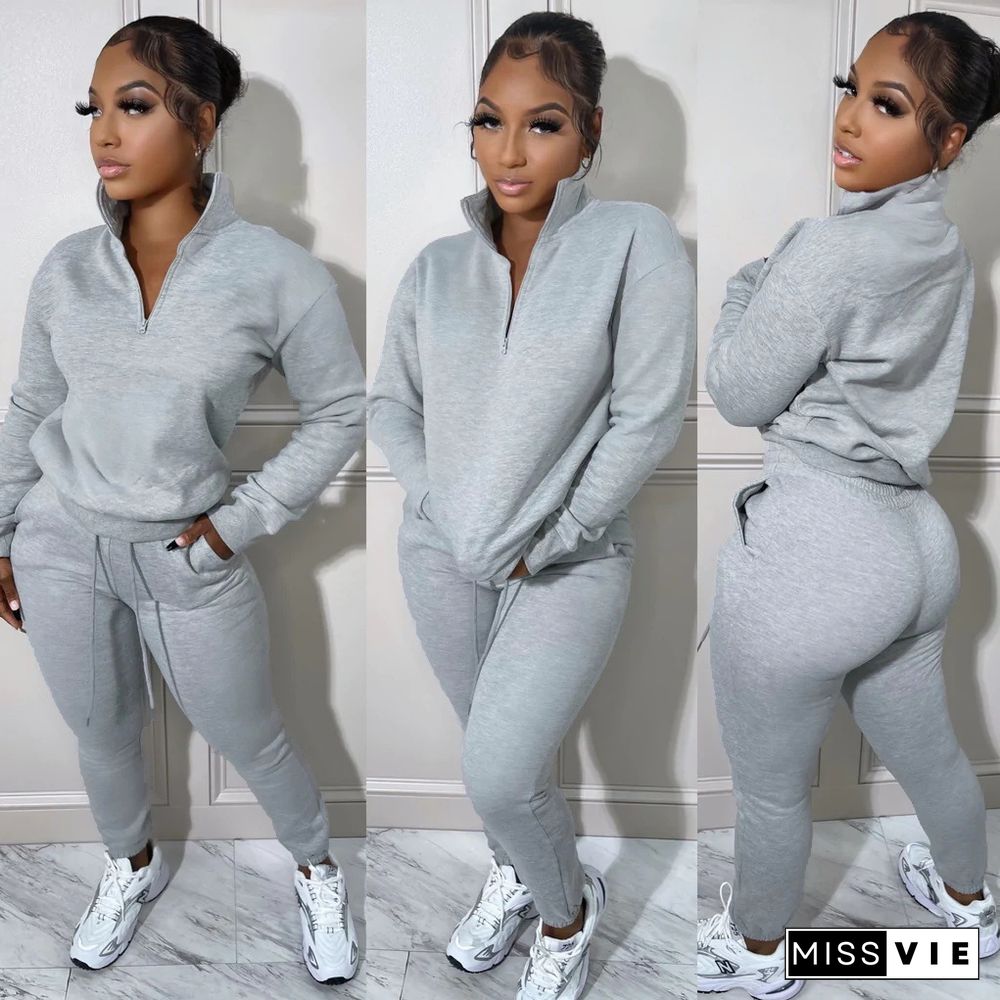 Zipper Stand Collar Pullovers Top Joggers Pants Suit