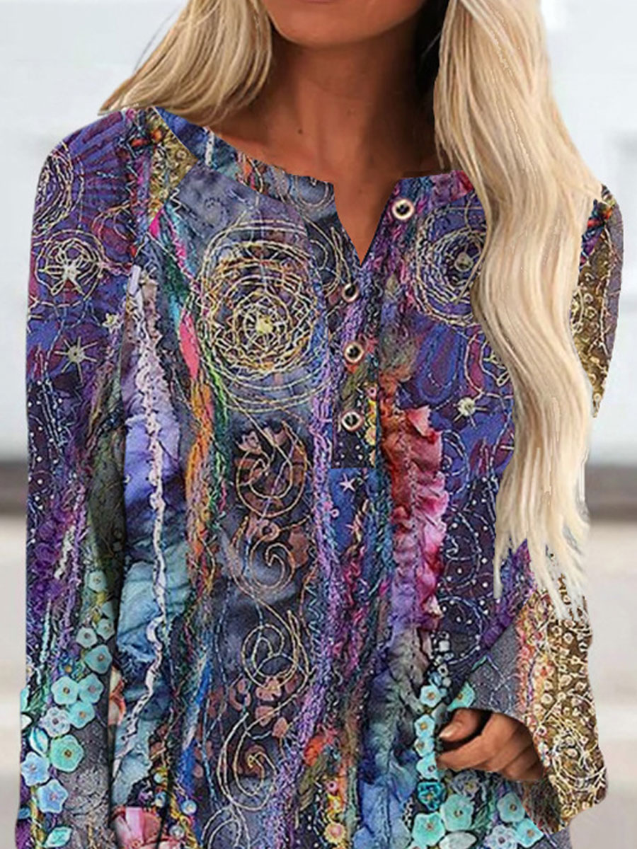 Round Neck Flower Print Loose Long Sleeve T-shirt