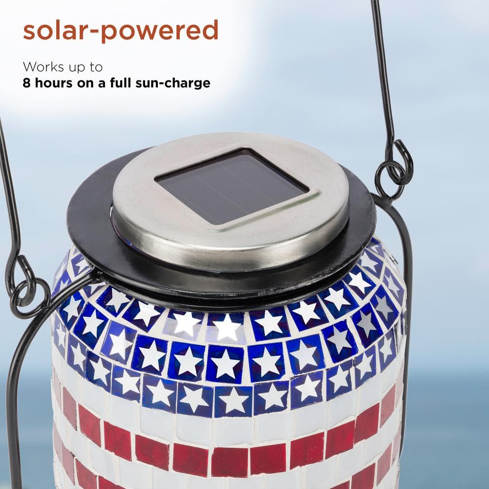 Alpine Corporation 7 in. Tall Hanging Solar Powered Outdoor Patriotic Lantern with LED Lights SLL2224SLR