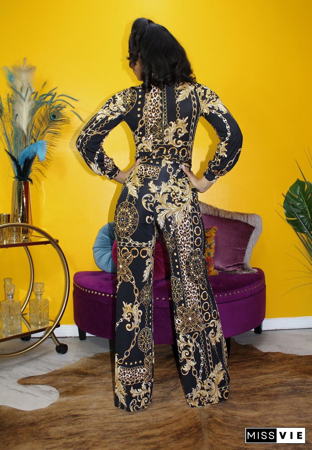 Chain Printed Long Sleeve High Waist Wide Leg Jumpsuit