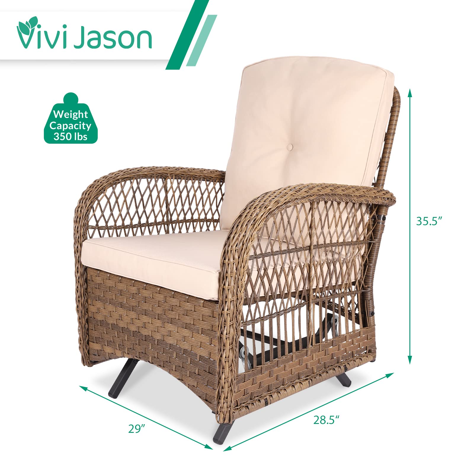 VIVIJASON 2-Piece Patio Wicker Rattan Glider Rocker Chair, Outdoor Rattan Glider Chair with Cushions & Steel Frame, All-Weather Gliding Lawn Wicker Furniture for Garden Backyard Porch