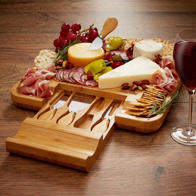 Casafield Bamboo Cheese Cutting Board amp 4pc Knife Gift Set Wooden Charcuterie Serving Tray For Cheese Meat Fruit amp Crackers