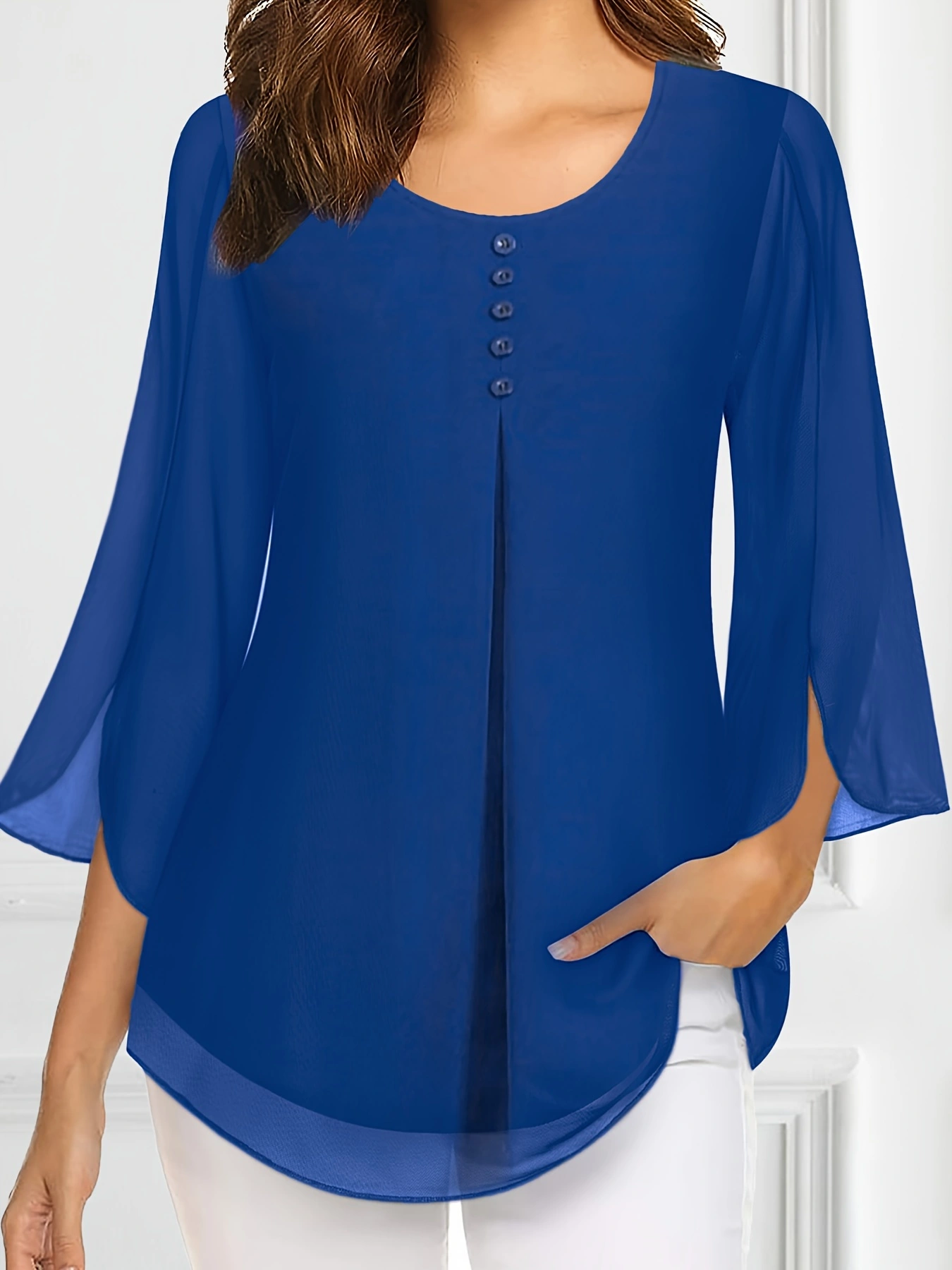 Plus Size Elegant Crew Neck Blouse, Non-Stretch Polyester, Solid Color, Machine Washable, Perfect for All Seasons