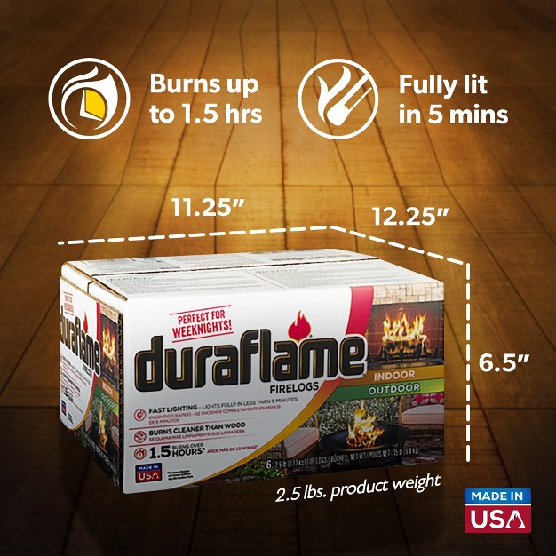 Duraflame 2 5lb Indoor Outdoor Quick Light Firelog For Camping Firepits Bonfires And Fireplaces 1 5 Hour Long Burn Time 6 Pack