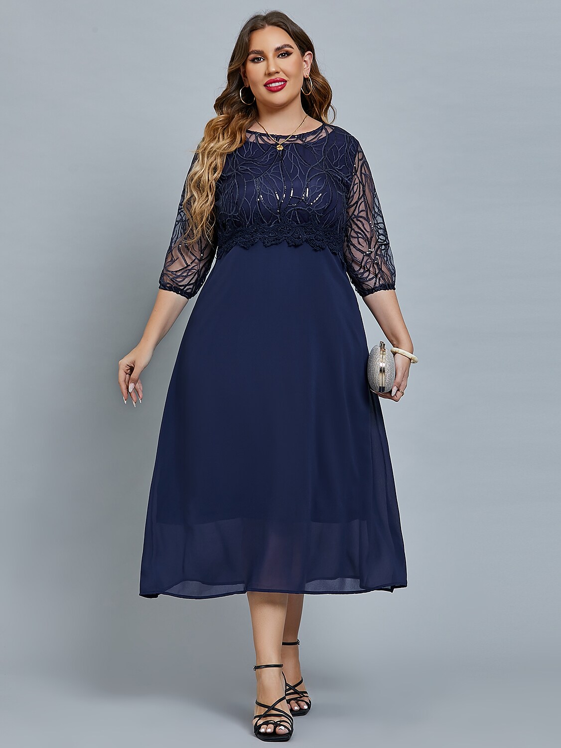 Women's Plus Size Curve Party Dress Floral Crew Neck Print 3/4 Length Sleeve Fall Spring Elegant Prom Dress Maxi long Dress Formal Party Dress / Mesh