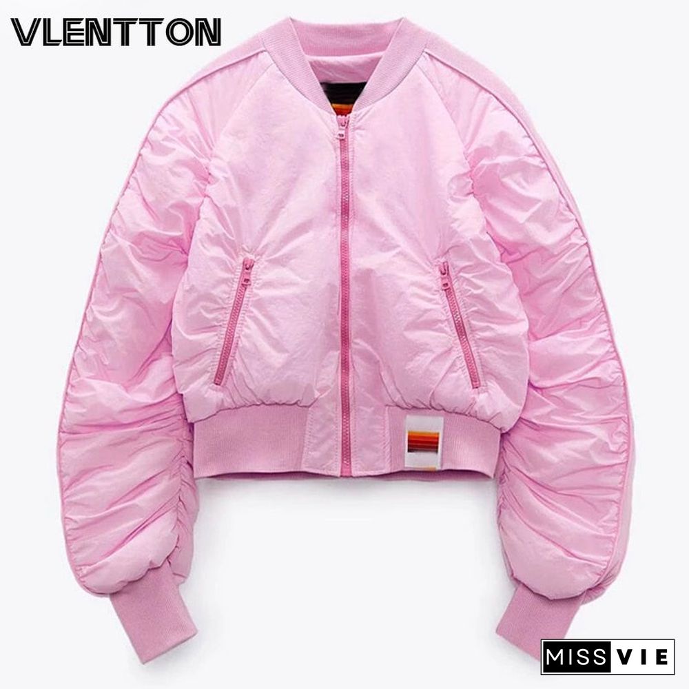 New Autumn Winter Women Pink Cropped Zipper Pockets Warm Fashion Parkas Baseball Jacket