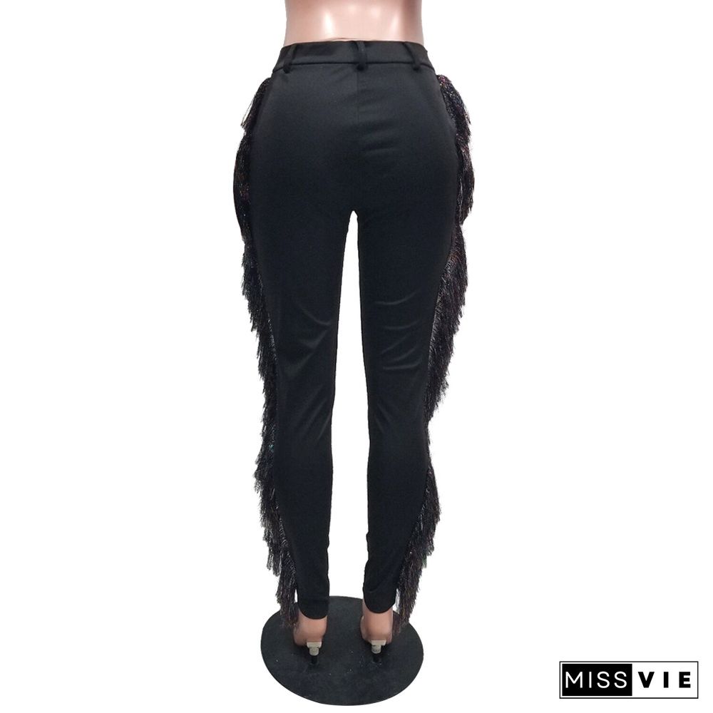 Black Tassel High Waist Skinny Long Pants