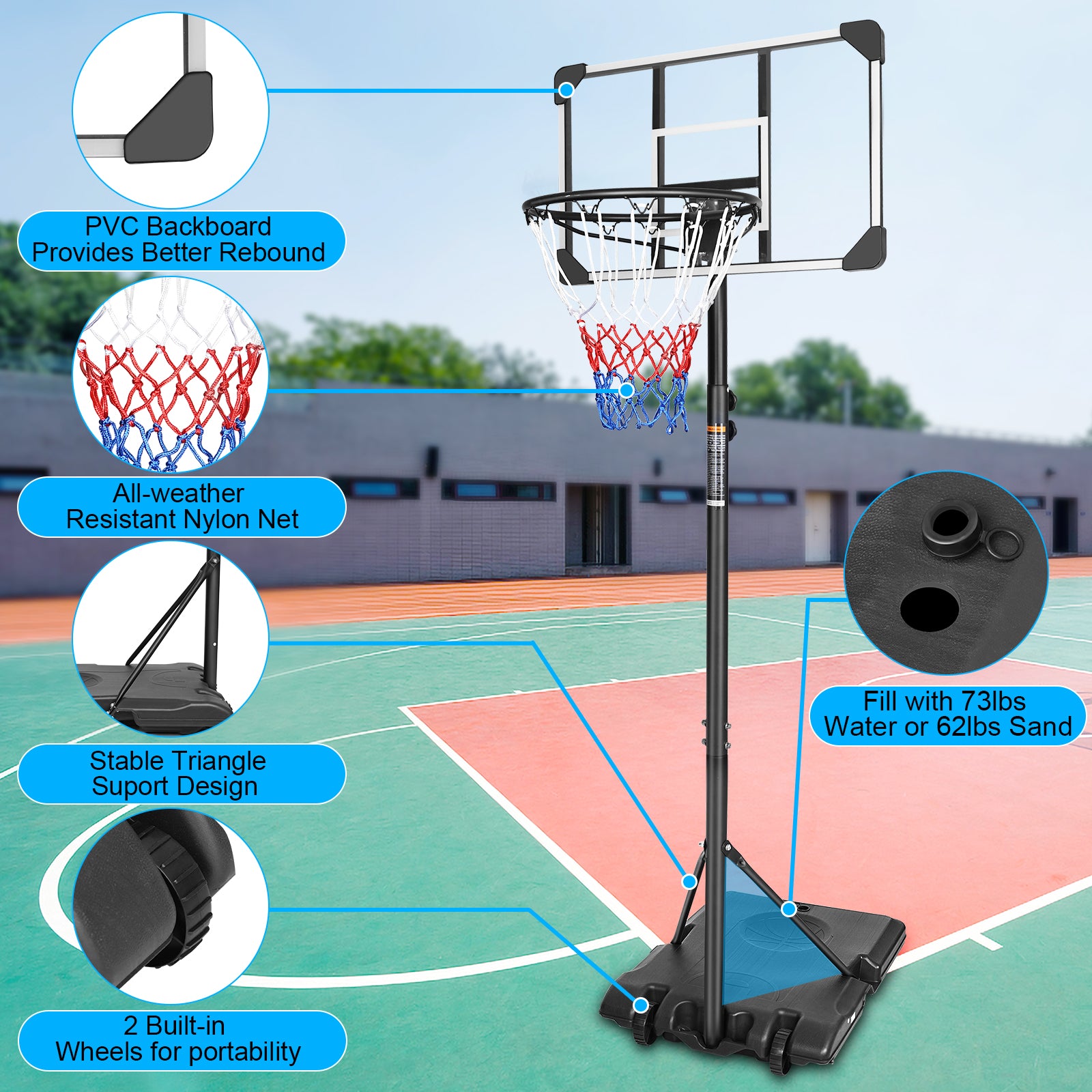 KL KLB Sport Portable Height Adjustable 28” Basketball Hoop Stand Backboard System for Kids Outdoor with Wheels