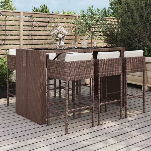 vidaXL 7 Piece Patio Bar Set with Cushions Brown Poly Rattan