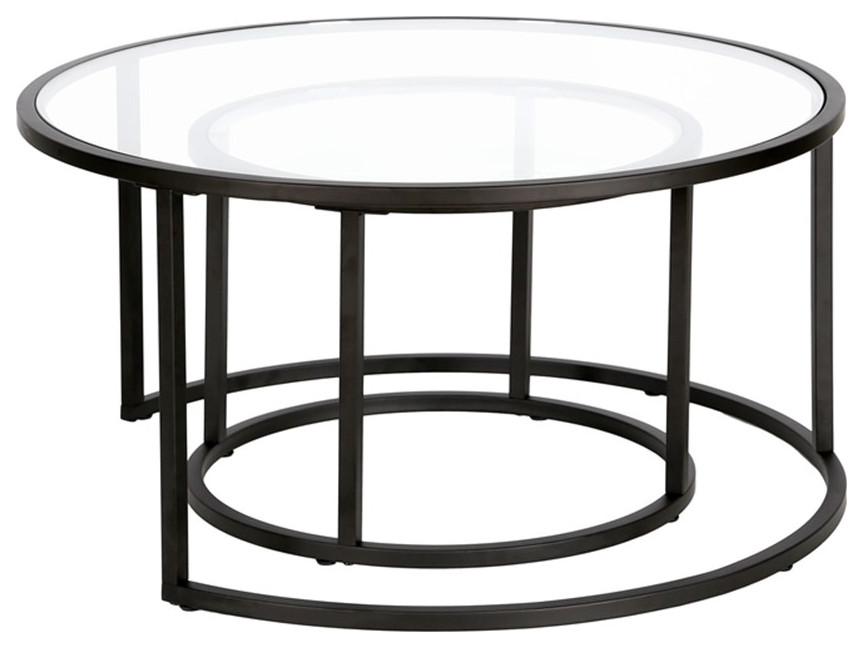 Henn ampHart Metal Double Nested Round Coffee Table in Black with Glass Top   Contemporary   Coffee Table Sets   by Homesquare  Houzz