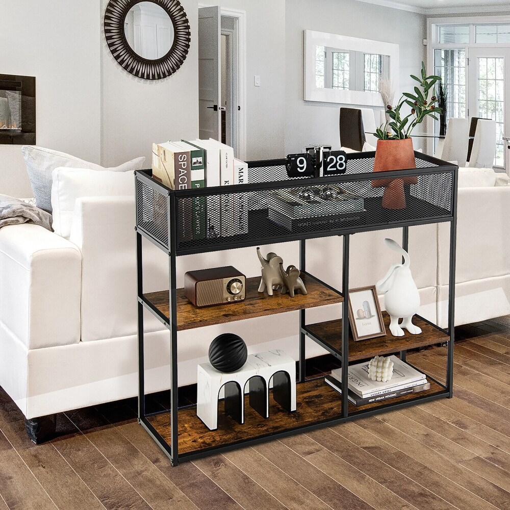 Gymax 4 Tier Console Table w/ Wire Basket Narrow Sofa Table w/ shelf