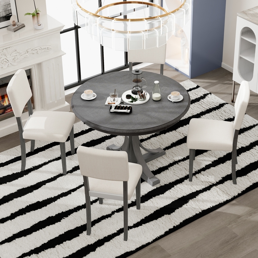 5 Piece Round Dining Table Set with Curved Trestle Style Table Legs and 4 Upholstered Chairs for Dining Room