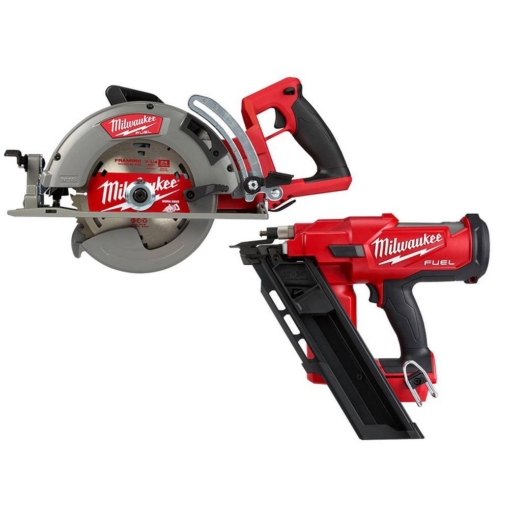 MW M18 FUEL 18V Lithium-Ion Cordless 7-14 in. Rear Handle Circular Saw with 30-Degree Framing Nailer (2-Tool) 2830-20-2745-20