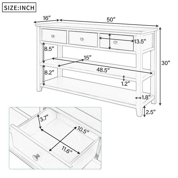 Retro Design Console Table with Two Open Shelves， Pine Solid Wood Frame and Legs for Living Room